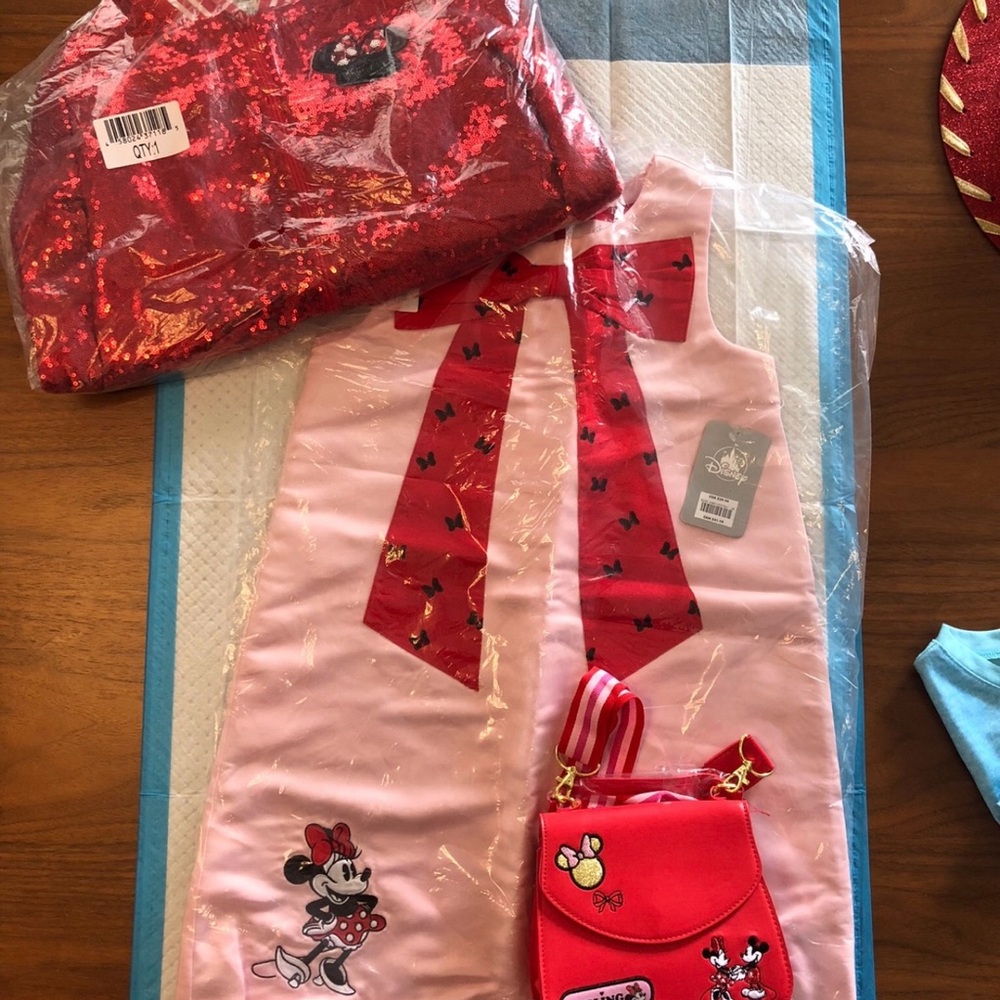 Disney Pink and Red Minnie Mouse Dress, sequence jacket and Minnie Mouse purse.